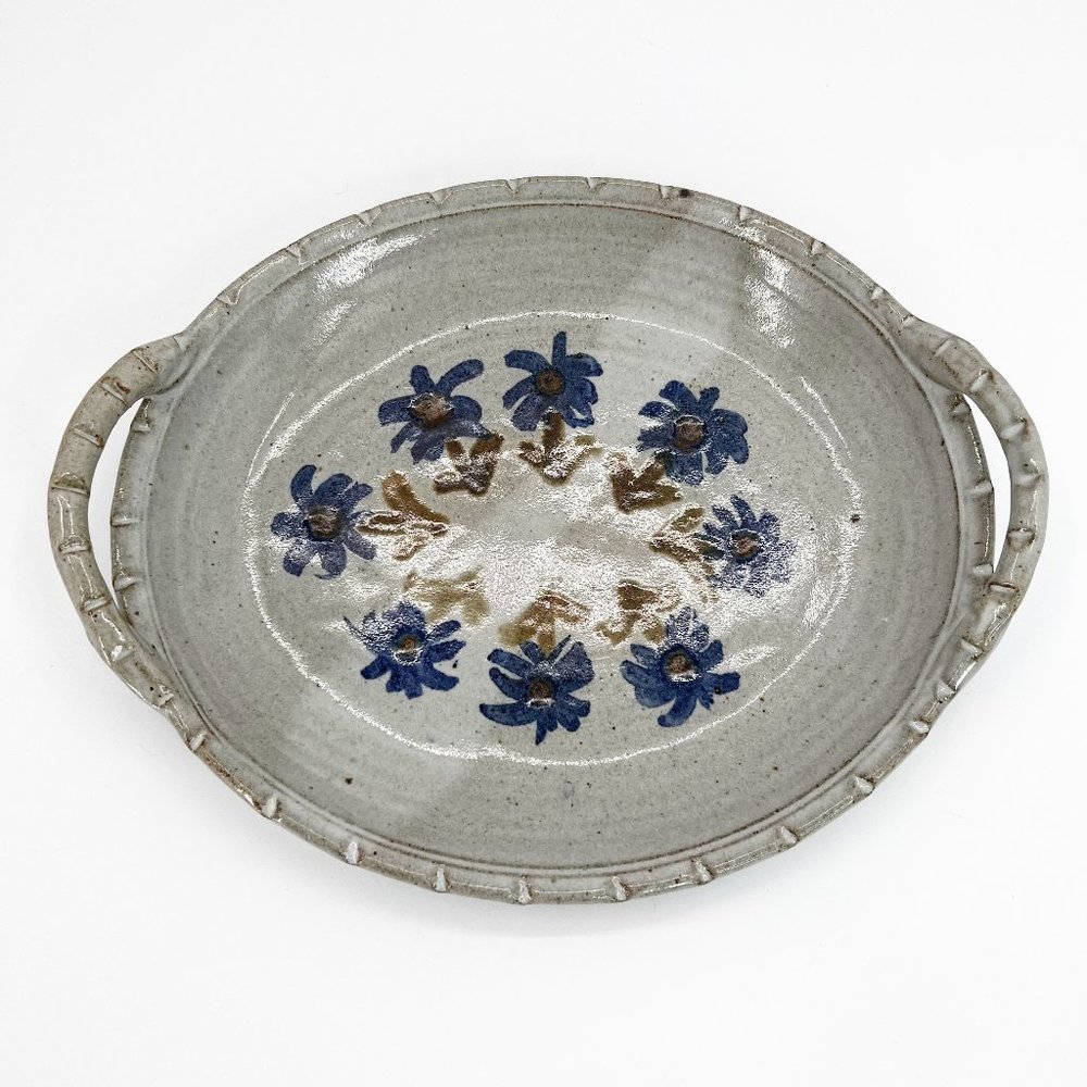 Pottery Hand Thrown Large Oval Floral Serving Platter with Handles